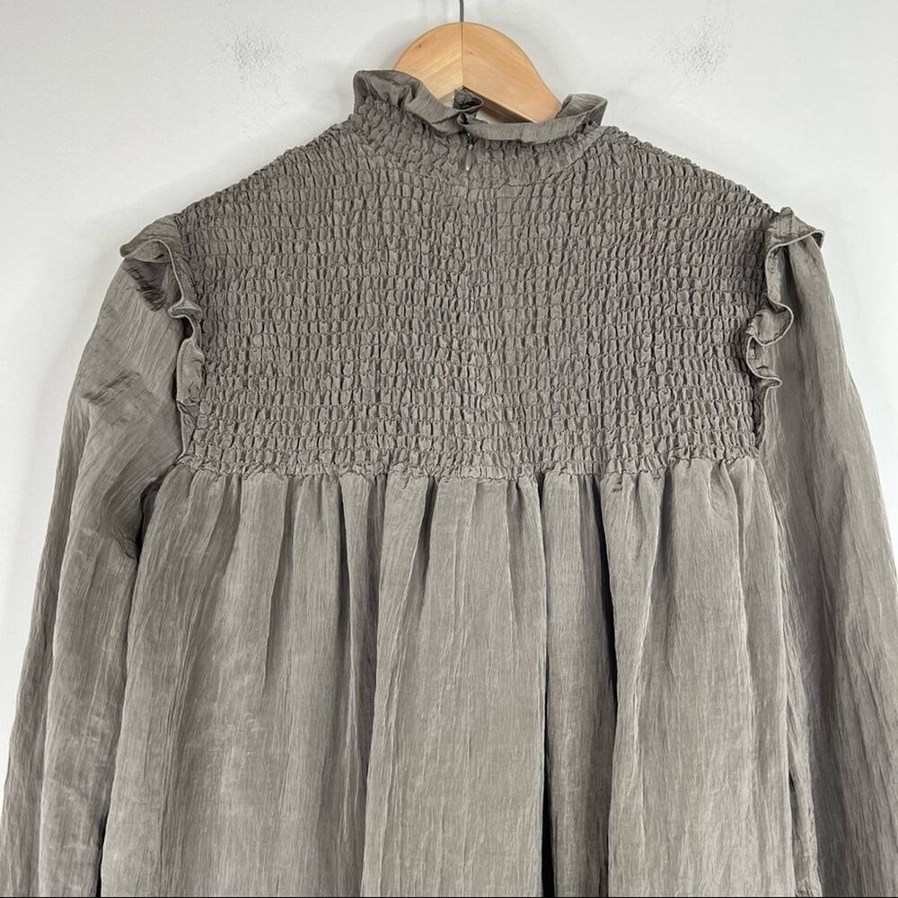 French Connection brown smocked high neck long blouson sleeve mini dress M - Picture 5 of 8